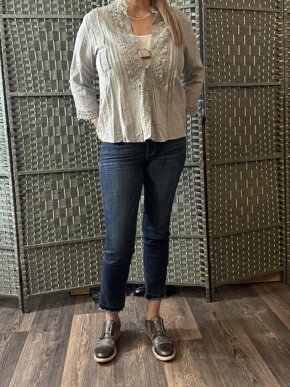 Light Gray Embroidered Women's Blouse with Lace Trim